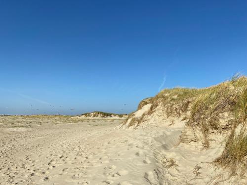 a sandy beach with footprints in the sand at Lykkehus in Humptrup