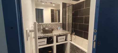 La salle de bains est pourvue d'un lavabo et d'un miroir. dans l'établissement 2 chambres côté plage, à Hyères