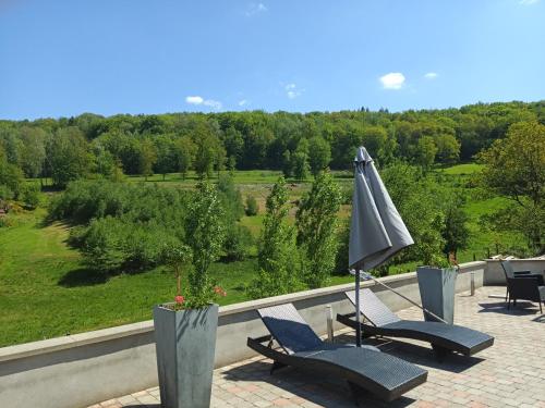 2 sillas y una sombrilla en el balcón con vistas en Repos et convivialité, wellness, spa, sauna, piscine, en Schorbach