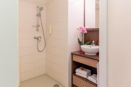 ein Bad mit einem Waschbecken und einer Dusche in der Unterkunft Appart'City Confort Saint-Nazaire Océan in Saint-Nazaire