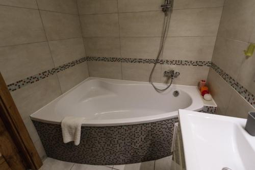 a bath tub in a bathroom with a shower at Тиха та комфортна квартира in Ternopilʼ