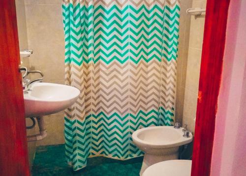 a bathroom with a sink and a toilet and a shower curtain at Altos Valles del Sol in Cafayate