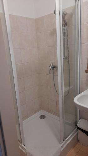 a bathroom with a shower and a sink at Jasmin dog friendly pension with shared kitchen in the center in Murau