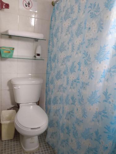 a bathroom with a toilet and a blue shower curtain at Casa Ixchel - 700m to Downtown, WiFi, Hot Water, AC in Valladolid