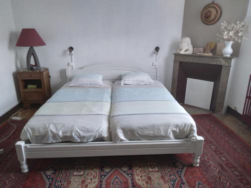 um quarto com uma cama com duas almofadas e uma lareira em chambre d'hôte dans maison privée em Périgueux
