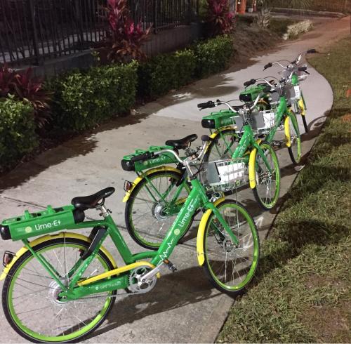 four green bikes parked in a row on a sidewalk at Bposhtels Orlando Florida Mall in Orlando