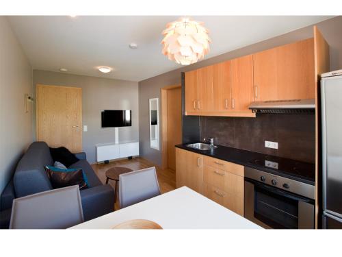eine Küche und ein Wohnzimmer mit einem Sofa und einem Tisch in der Unterkunft Torg Guest House in Akureyri