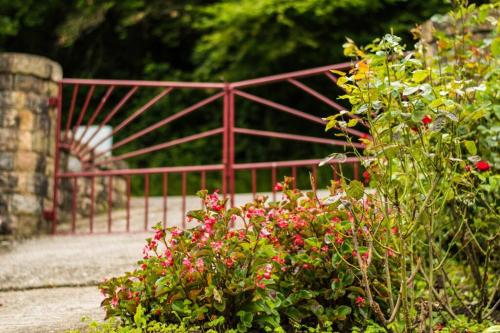 a red gate with a bunch of pink flowers at Casa Fresneda in Fresneda