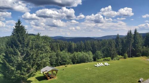 an open field with a group of chairs in the grass at Hotel Traumblick in Oberhof
