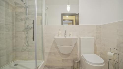 a bathroom with a toilet and a sink and a shower at Coroni Apart 1 Cu Vedere Panoramica Brasov in Braşov