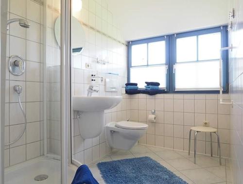 a bathroom with a toilet and a sink and a shower at Ferienhaus Weinhardt - Whg 2 in Zingst
