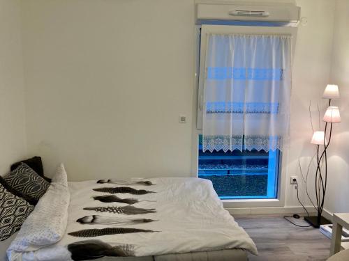 ein weißes Schlafzimmer mit einem Bett und einem Fenster in der Unterkunft Appartement Muse proche Gare in Metz
