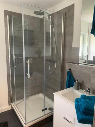 a bathroom with a glass shower and a sink at Ferienwohnung Familie Heite in Olpe