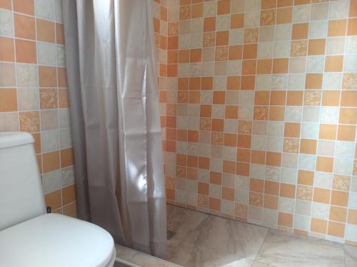 La salle de bains est pourvue d'une douche, de toilettes et de carrelage. dans l'établissement Guesthouse Omalo, à Omalo