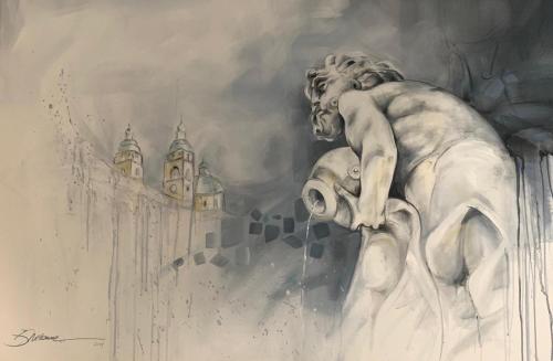 a drawing of a statue in front of a building at Regentova Suites Ljubljana in Ljubljana
