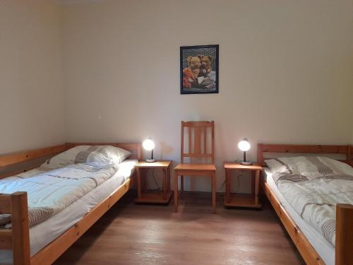2 camas en una habitación con 2 lámparas en ambos lados en "Höper Mittelhof" Ferienhaus Nr3, en Lemkendorf