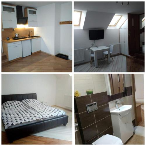 three pictures of a room with a bed and a kitchen at U Beaty, niezależne mieszkania do wynajęcia in Ochotnica Górna