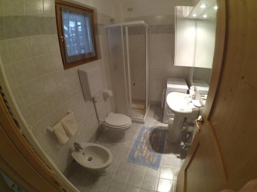 uma casa de banho com um WC, um lavatório e um chuveiro em Monolocale Casericc em Piatta