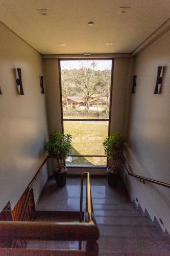 a staircase in a building with a large window at Umani Pousada in Bento Gonçalves