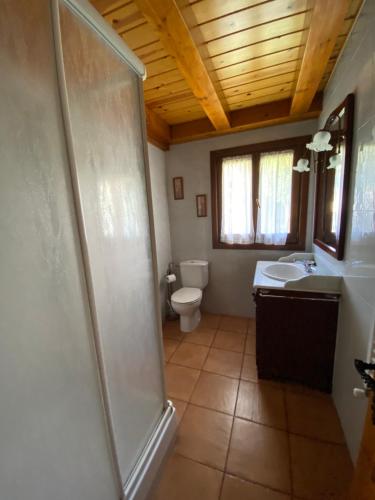 a bathroom with a shower and a toilet and a sink at Casa Sansón in Chía