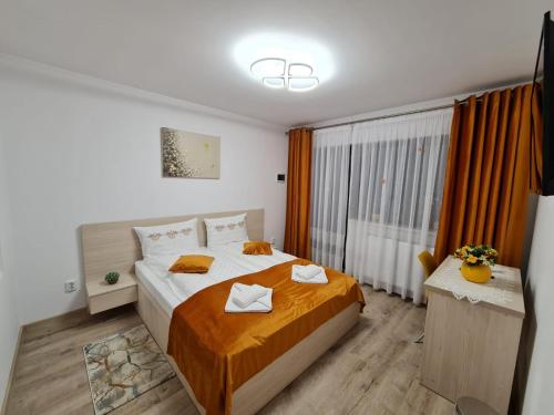 Un dormitorio con una cama grande y una ventana en Splendid House, en Făgăraş