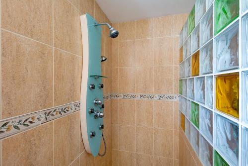 a shower with a blue shower head in a bathroom at V Vacacional con encanto la Orotava in La Orotava