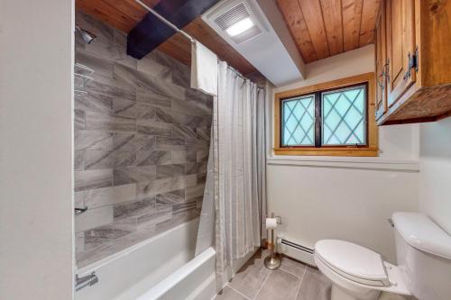 巴雷特的住宿－White Mountain Escape，一间带卫生间和浴缸的浴室以及窗户。