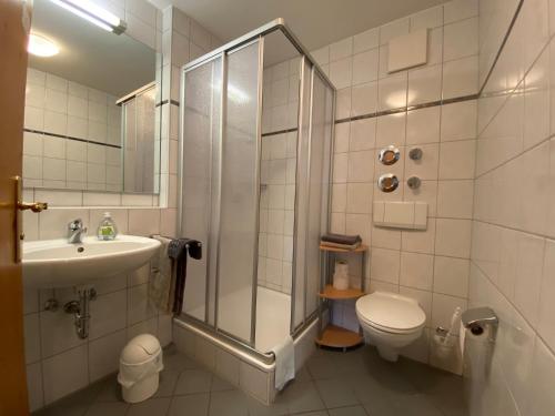 a bathroom with a shower and a toilet and a sink at Gasthof Rössle in Sulzberg