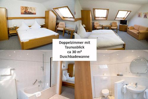 a hotel room with two beds and a bathroom at Hotel Garni Schick in Oberursel