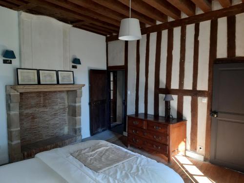 - une chambre avec un lit, une commode et une cheminée dans l'établissement La suite St Laumer, à Blois
