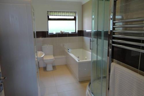 a bathroom with a toilet and a tub and a sink at Birchwood Cottage with hot tub in Valley