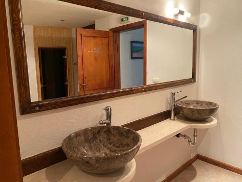 ein Badezimmer mit einem großen Steinwaschbecken und einem Spiegel in der Unterkunft One Bedroom Apartment in Gated Complex in Bansko