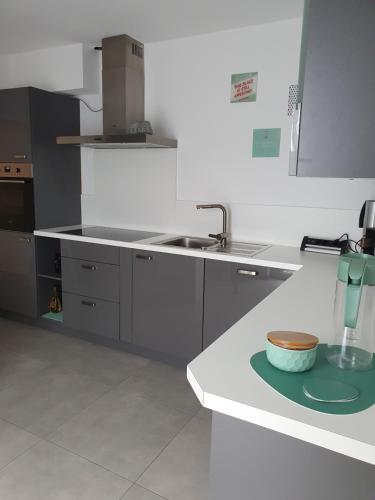 a kitchen with a sink and a bowl on a counter at 2 Zimmer Domizil am Südhang mit Terrasse und Pool in Ortenberg