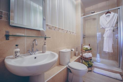 a bathroom with a sink and a toilet and a shower at De Courceys Manor Suites & Cottages in Cardiff