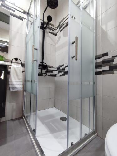 a shower with a glass door in a bathroom at Casa de David in Navas de San Antonio