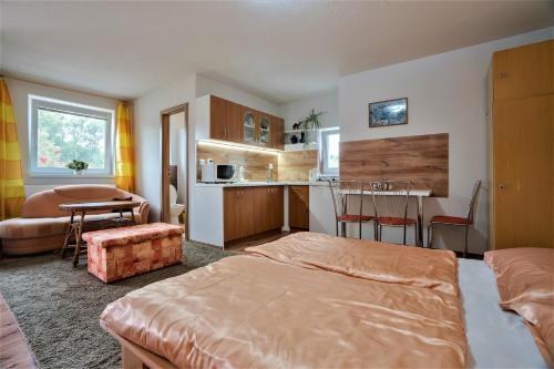 a bedroom with two beds and a kitchen and a table at Apartmány Anna in Liptovský Michal
