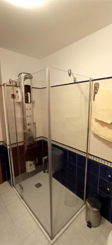 a shower stall in a bathroom with blue tiles at Casa da Croa - Casa Rural en Laxe in Laxe