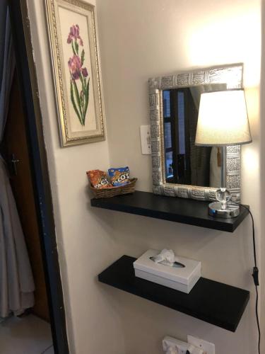 a room with shelves and a lamp and a mirror at Wellington Country House in Wellington