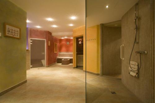 a bathroom with a walk in shower and a toilet at Hotel Seraina in Sils Maria