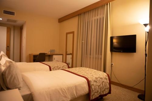 Habitación de hotel con 2 camas y TV de pantalla plana. en Trakya City Hotel, en Edirne
