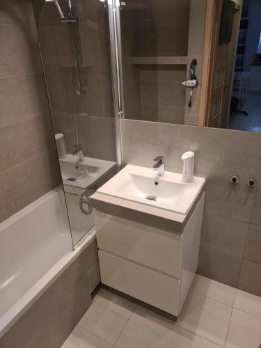 uma casa de banho com um lavatório, um chuveiro e um espelho. em Wielicka Apartment 2 em Cracóvia