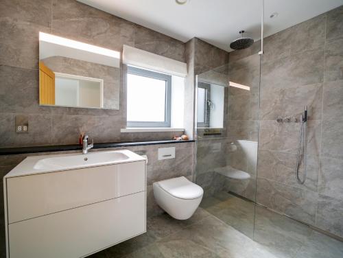 a bathroom with a toilet and a sink and a shower at Megizzy in Polzeath