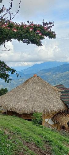 a hut with a straw roof with mountains in the background at Ecohotel Soplo del Tambo in Cocorná