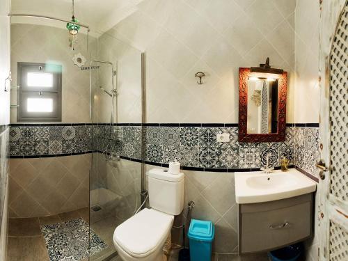 達哈布的住宿－Ganesha.Beach apartment，浴室配有卫生间、盥洗盆和淋浴。