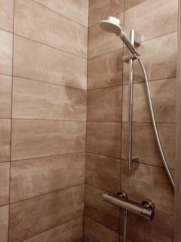 une douche avec pommeau de douche dans une salle de bain dans l'établissement quereuilh, à Le Mont-Dore