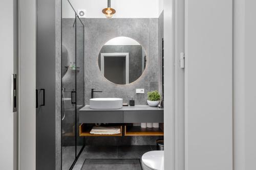 a bathroom with a sink and a mirror at V33 cozy apartment in Druskininkai