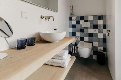 a bathroom with a sink and a toilet at Slapen in de Molen in Arkel