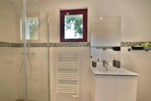 a white bathroom with a sink and a shower at Villa Monplaisir 82 in Montech