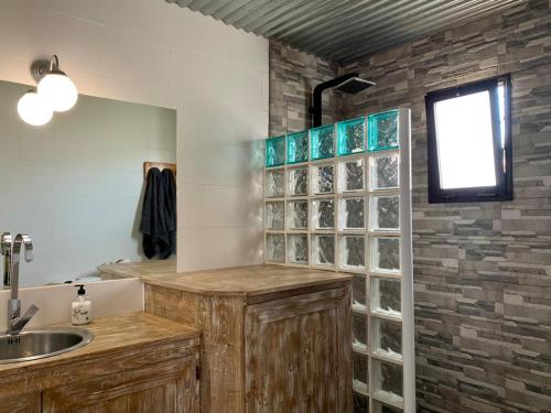bagno con lavandino e muro di mattoni di La Casita de Galaila a Costa Calma