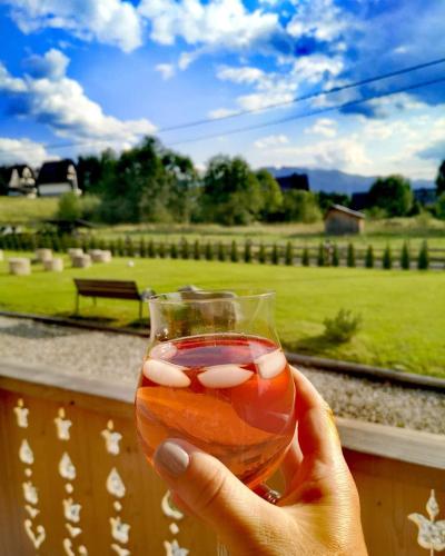 a person holding a wine glass with a view of a field at Chaty Misiagi in Poronin